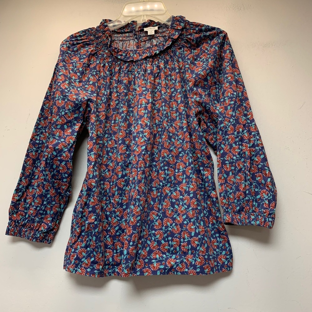 J.Crew Blouse Womens S Navy Floral Smocked Neck Cotton Blend Excellent 14047